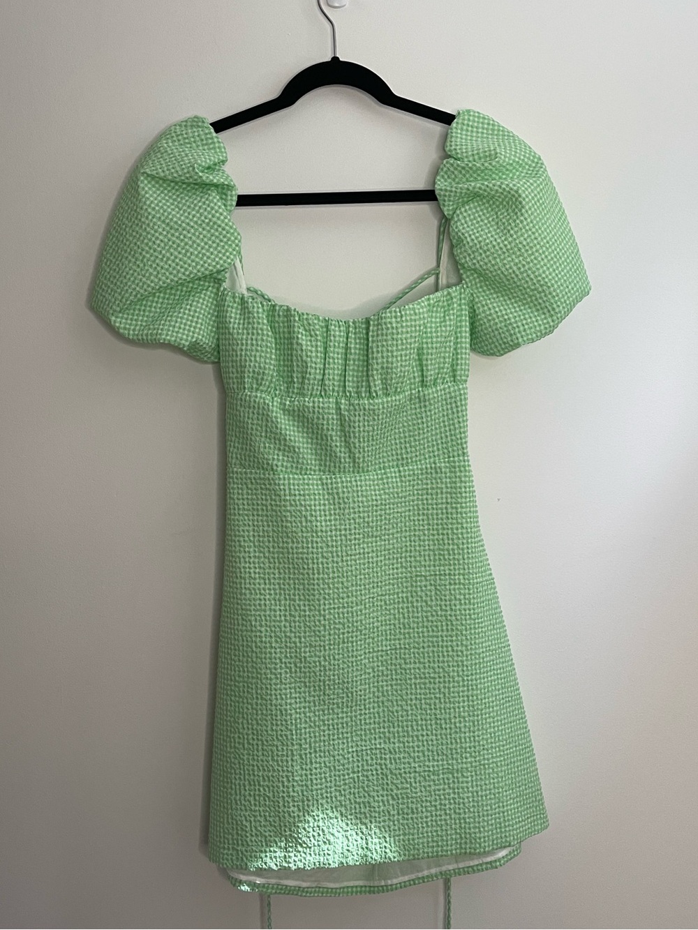 Zara Gingham Mint Green Puff-Sleeve Mini Dress Lined Cotton Cottagecore Coquette